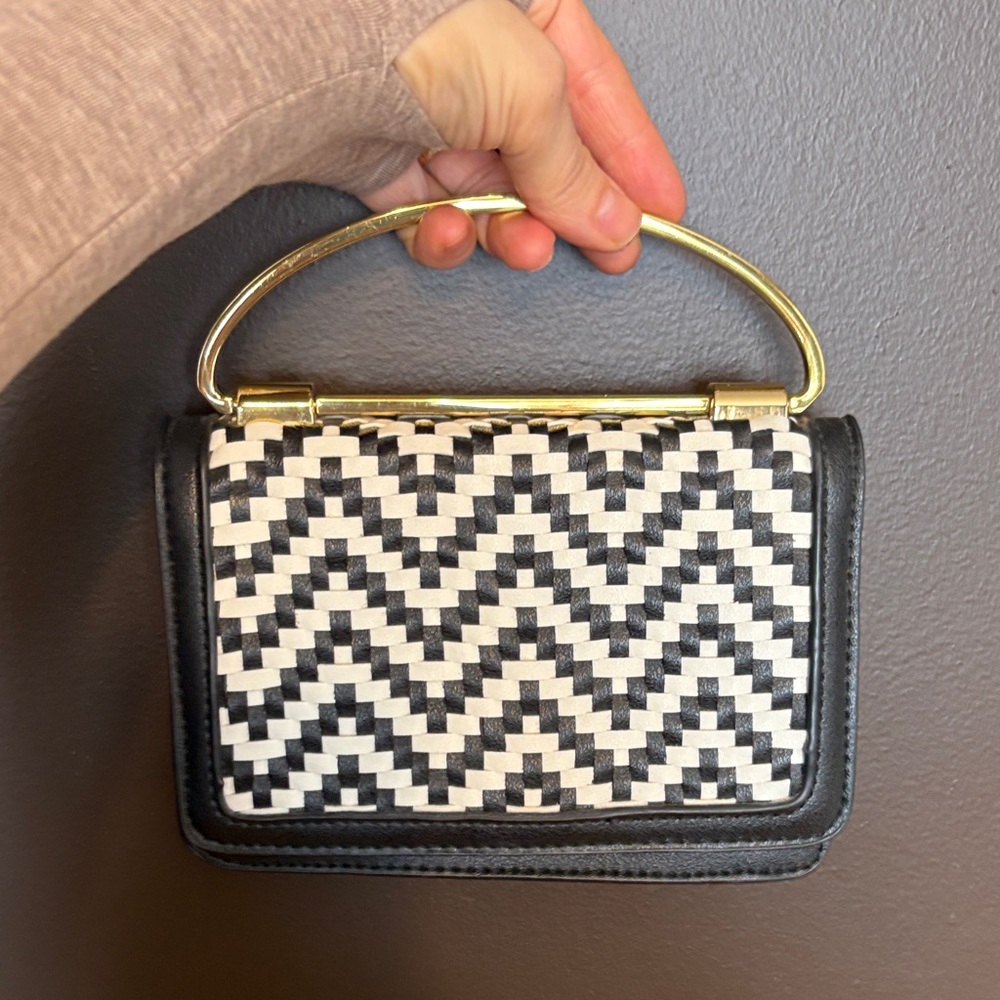 BCBGeneration Black and White Patterned Clutch with Gold Handle